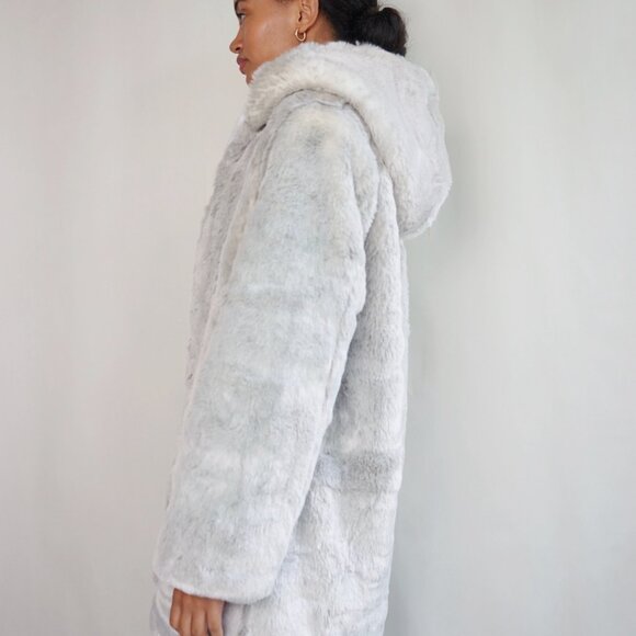 NEW Fuzzy Soft Grey White Hooded Jacket | Faux Fur Cozy Jacket - Picture 4 of 7
